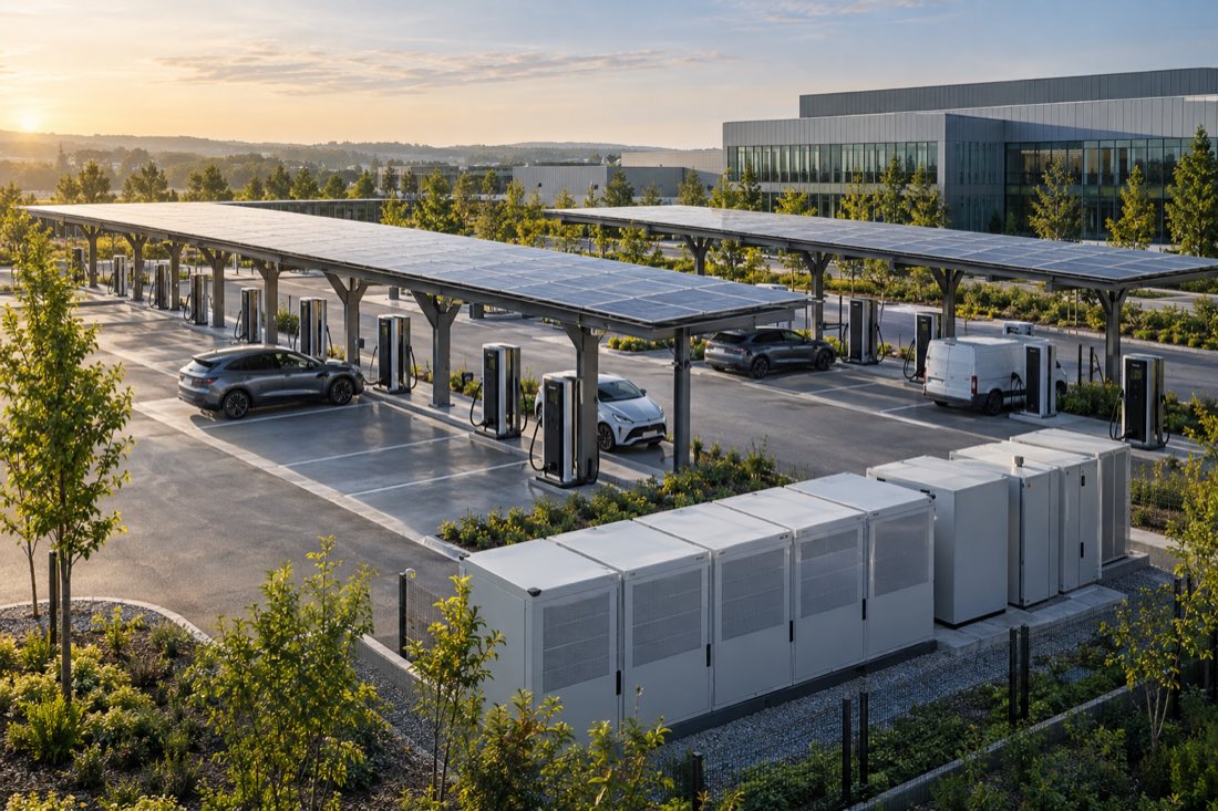Großer betrieblicher Ladepark mit Solardächern und Energiespeichern